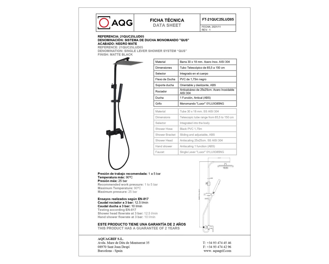 AQG Bold, душевая колонна регулируемая по высоте 78,5-143 см, cо смесителем и квадратным верхним душем 25х25 см, цвет черный матовый