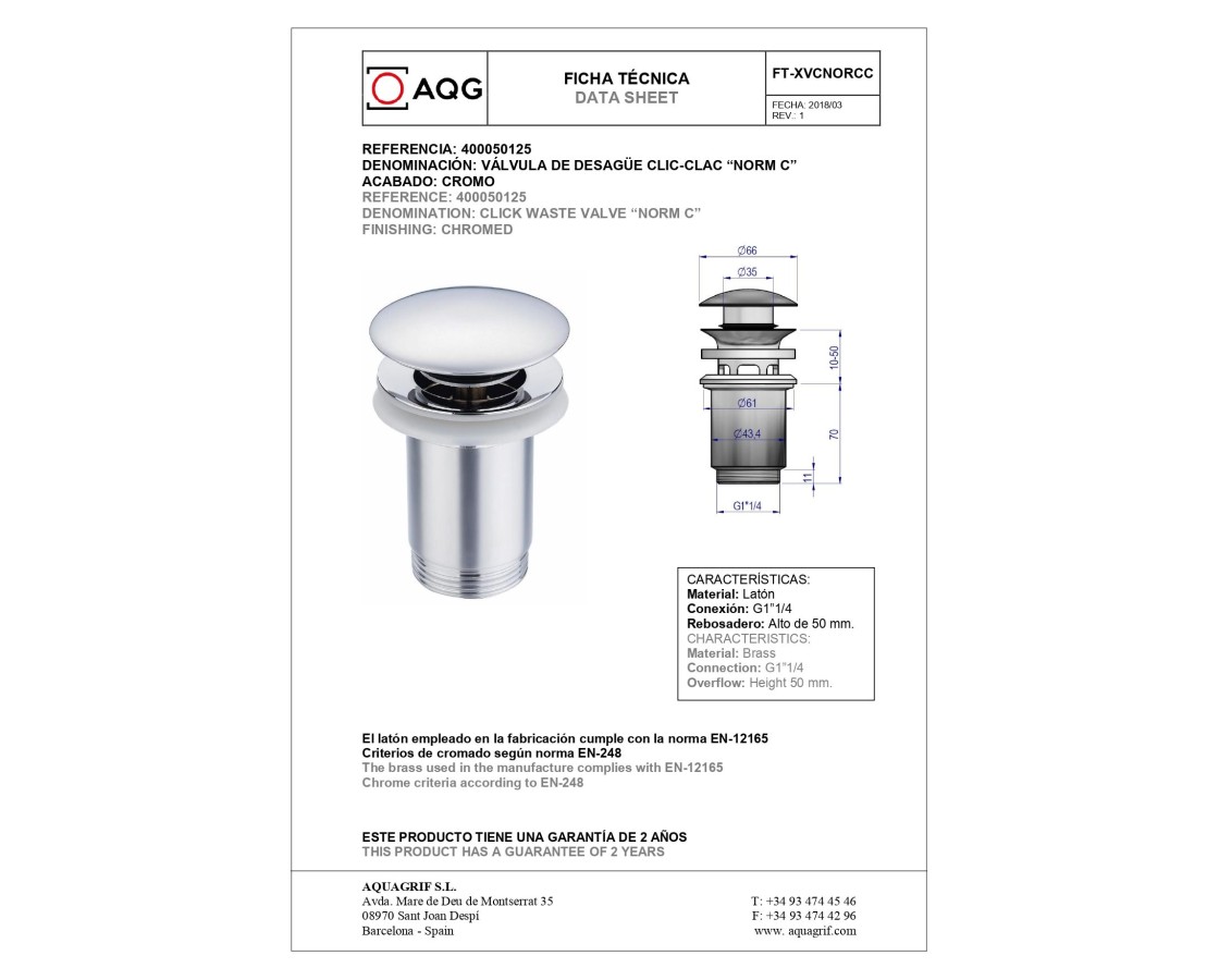 AQG, универсальный донный клапан click-clack c переливом, цвет хром