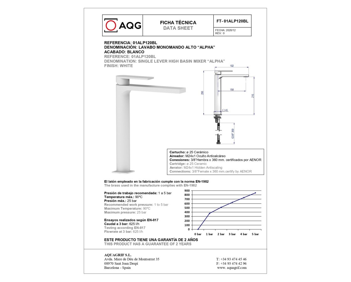 AQG Tube, высокий однорычажный смеситель для раковины без донного клапана, цвет белый матовый