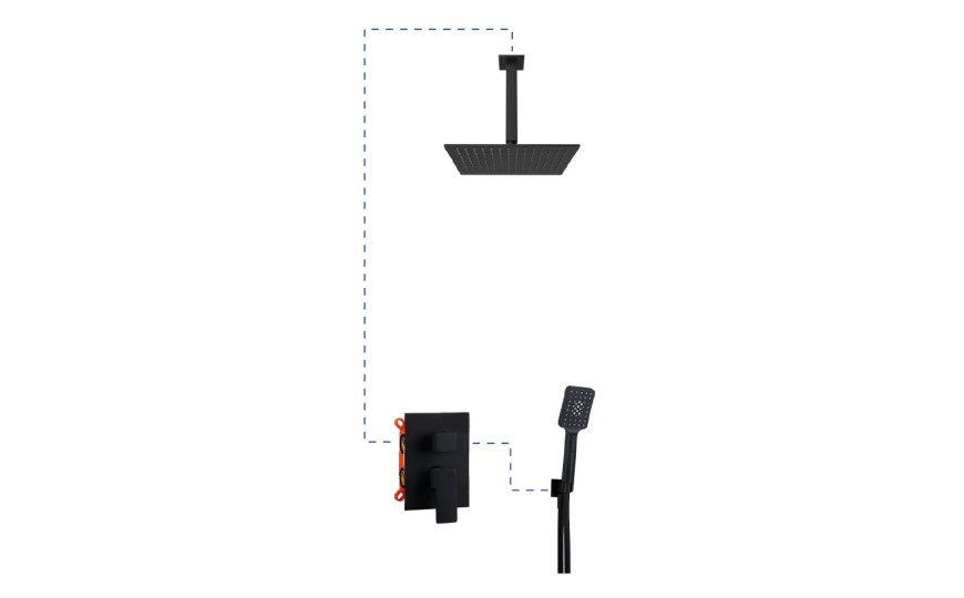AQG Bold, душевой комплект EС217 на 2 потребителя: с квадратным верхним душем 25х25 см и потолочным кронштейном 35 см, цвет черный матовый