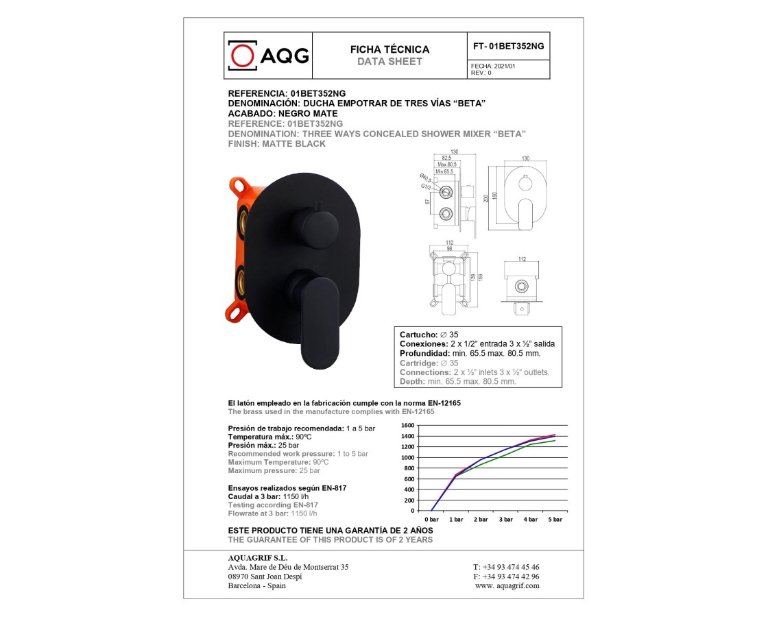 AQG Beta, встраиваемый смеситель для душа на 3 выхода, с дивертером, цвет черный матовый