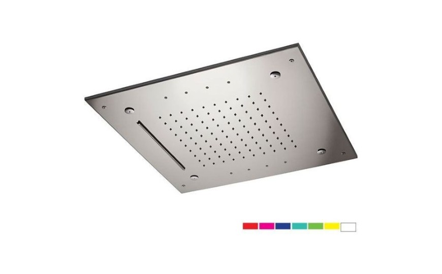 Daniel, квадратная потолочная душевая головка 50х50 см с 7 цветной LED подсветкой и 3 режимами: дождь, каскад и распыление (4 выхода), цвет хром