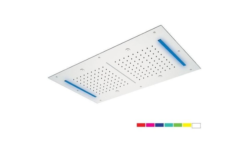 Daniel, прямоугольная потолочная душевая головка 70х47 см с 7 цветной LED подсветкой и 3 режимами: дождь, 2 каскадные струи и распыление (4 выхода), ц