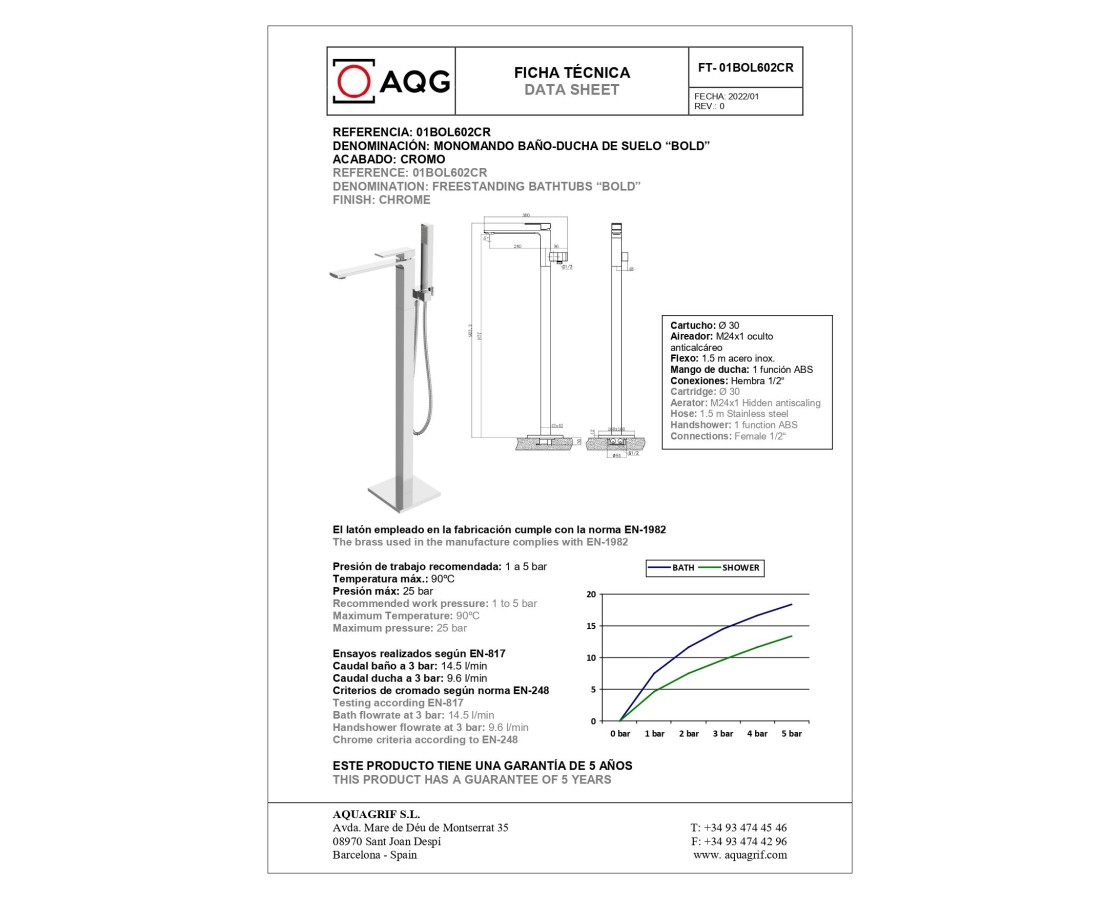 AQG Bold, однорычажный напольный смеситель для ванны с дивертером, цвет хром