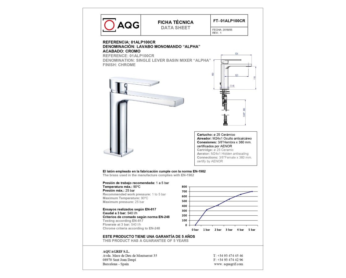 AQG Alpha, однорычажный смеситель для раковины без донного клапана, цвет хром