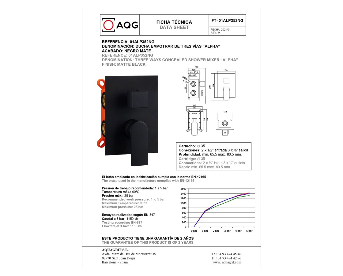 AQG Alpha, встраиваемый смеситель для душа на 3 выхода, с дивертером, цвет черный матовый