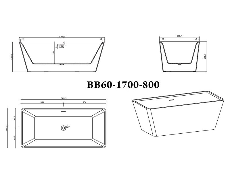 Акриловая ванна BELBAGNO BB60-1700-800